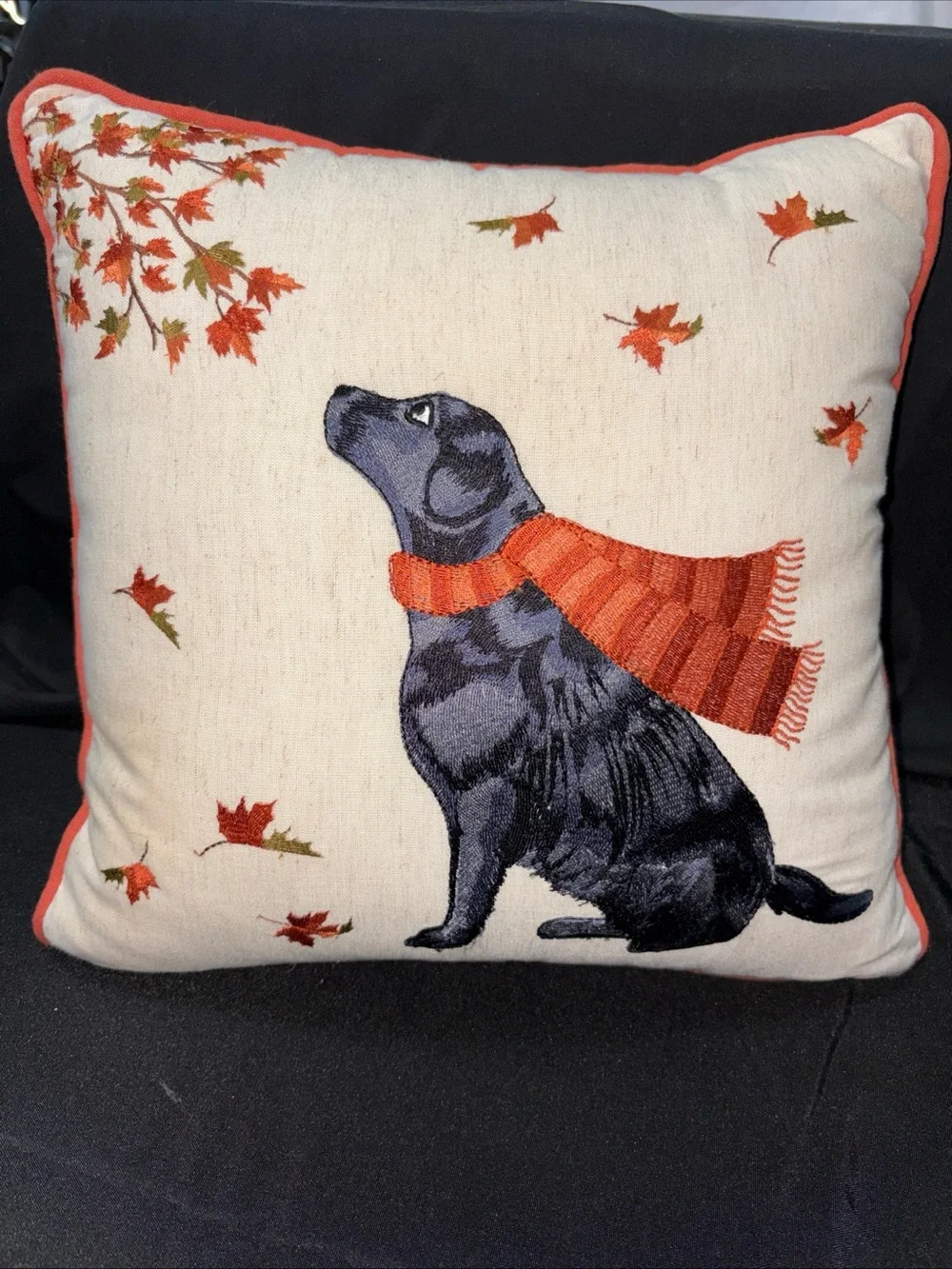 Pier 1 Black Labrador with Orange Scarf Embroidered Accent Pillow
